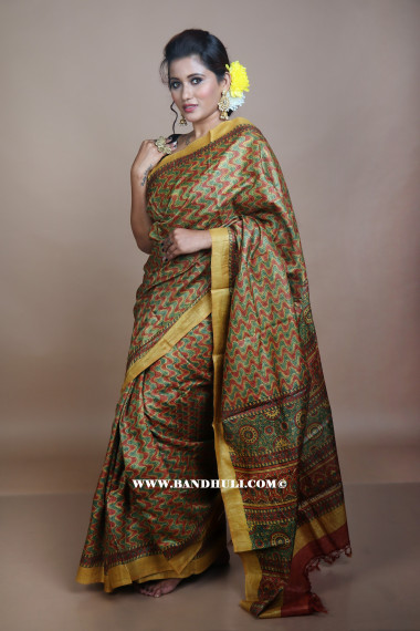 Mustard Yellow Color Floral and Geometrical Pattern Tussar Ajrakh Hand Block Saree